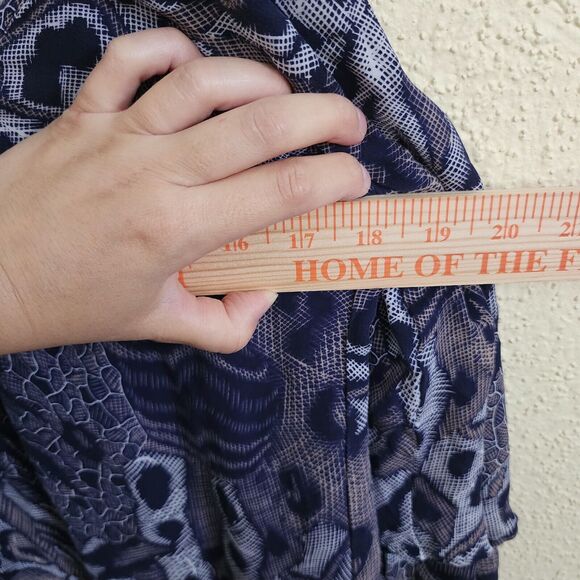 PARKER Mini Dress Cold Shoulder 100% Silk Ruffle Flared Sleeve Abstract Art Blue - Picture 9 of 10